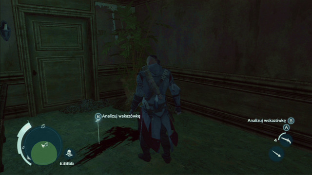 There you have to find three traces: a musket leaned against a pillar, a bloodstained clock and another blood stain - Naval mission - The Mad Doctor Castle | Captain Kidds treasure in AC III - Captain Kidds treasure - Assassins Creed III Game Guide & Walkthrough