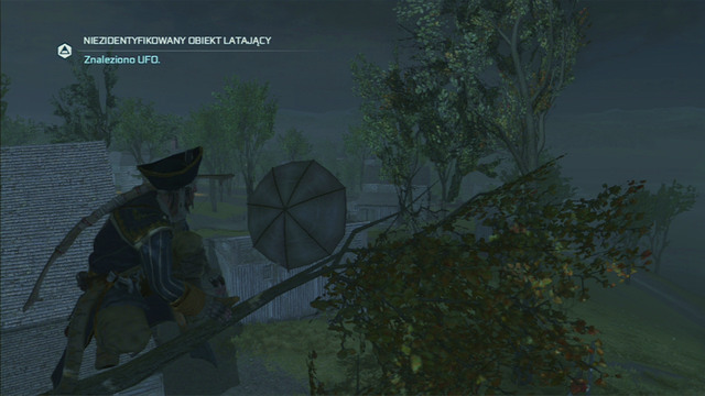 Jump between branches and you will reach an umbrella which people took for an UFO - The Frontiersmen Club in Assassins Creed III Remastered - Guild missions - Assassins Creed III Game Guide & Walkthrough