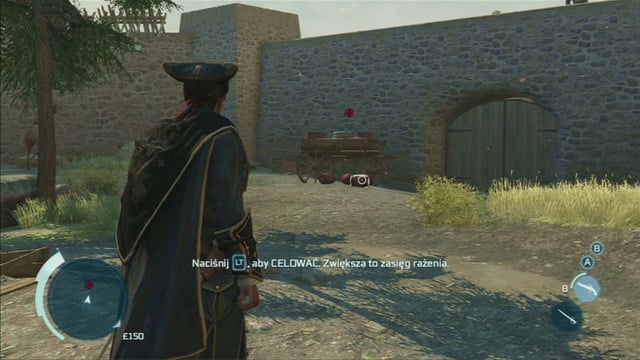 With the area cleared, blow up the nearby gate by shooting the gunpowder barrels on the cart - Sequence 2 - Johnsons Errand | Assassins Creed III Remastered Walkthrough - Walkthrough - Assassins Creed III Game Guide & Walkthrough