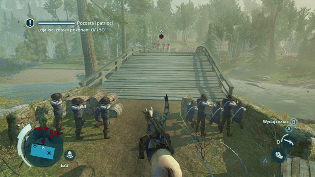 To get full synchronization, you need to approach the groups a bit earlier and press the interaction button when they are all already aiming at the British soldiers - Sequence 7 - Lexington and Concord | Assassins Creed III Remastered Walkthrough - Walkthrough - Assassins Creed III Game Guide & Walkthrough