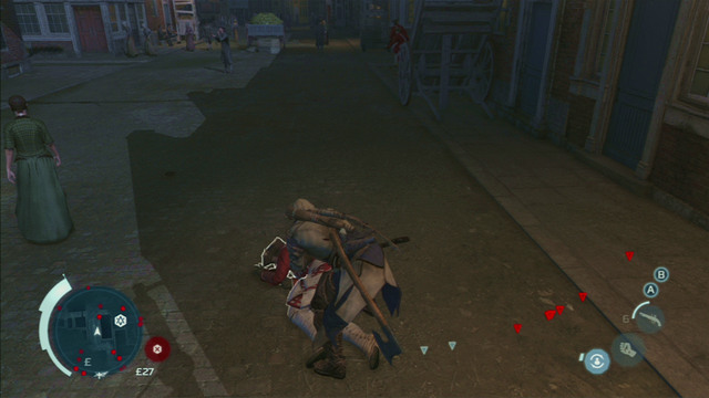 As he shows up, let him overtake you by a couple meters and afterwards run to him and press the attack button to knock him down to the ground - Sequence 10 - Alternate Methods | Assassins Creed III Remastered Walkthrough - Walkthrough - Assassins Creed III Game Guide & Walkthrough