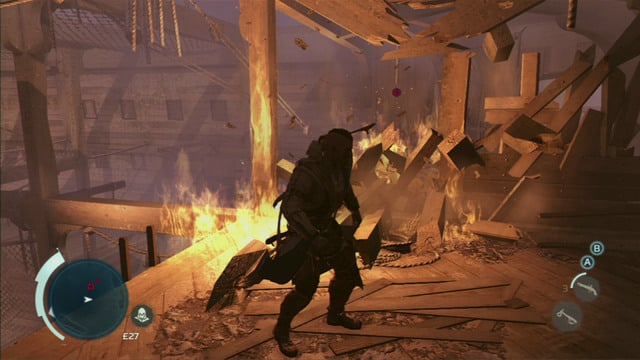 By the end of the ship there will be a cinematic after which you will have to jump through a hole in the wooden barricade and run further to the right - Sequence 12 - Chasing Lee | Assassins Creed III Remastered Walkthrough - Walkthrough - Assassins Creed III Game Guide & Walkthrough