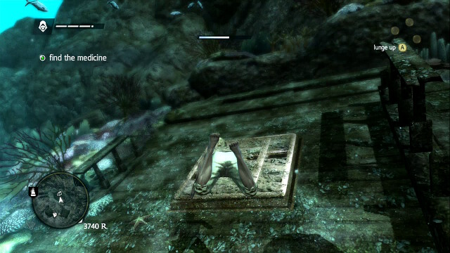 The medicine is in the locked-out area, sealed off with the lid, from the screenshot - 01 - Diving For Medicines | Sequence 6 - Sequence 6 - Assassins Creed IV: Black Flag Game Guide & Walkthrough