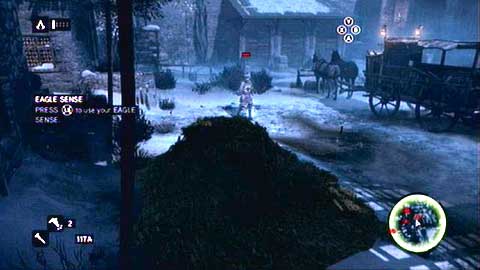 Being inside the haystack, highlight the guard patrolling the area and wait until he approaches you close enough to kill him (X) - Memory 5 - p. 1 - Sequence 1 - A Sort of Homecoming - Assassins Creed: Revelations - Game Guide and Walkthrough