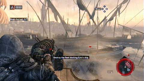 Once you get to the cannon, press B and slowly turn around killing enemies marked with triangles - Memory 8 - Sequence 6 - Fortune's Disfavor - Assassins Creed: Revelations - Game Guide and Walkthrough