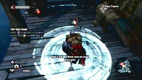 At the beginning go to the indicated place and then place the explosive there by holding Y - Sticky Situations; Tripwire - Piri Reis Missions - Assassins Creed: Revelations - Game Guide and Walkthrough