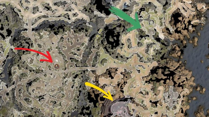 Location of the first Infernal Iron. The red arrow points to the building in the Blighted Village hiding the Infernal Iron. The yellow one points to the beginning of the game (Nautiloid shipwreck) and the green one to the Druid Grove. - Baldurs Gate 3: How to acquire Infernal Iron? - Baldurs Gate 3: Campaign - Baldurs Gate 3 Guide, Walkthrough