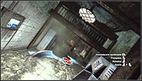 Now you need to steer the Batarang to the basement, so lead it towards the stairs #1 and afterwards turn right #2 - Batman trophies (01-14) | Park Row - Park Row - Batman: Arkham City Game Guide