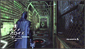 Locate the metal construction adjoining the church, enter it and stand on the green pressure plate #1 - Batman trophies (25-36) | Park Row - Park Row - Batman: Arkham City Game Guide