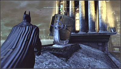 Search for the large searchlight used to call Batman on the GCPD building (screen above) and scan it - Riddles | Amusement Mile - Amusement Mile - Batman: Arkham City Game Guide