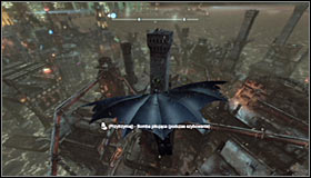 Start off by getting onto one of the chimneys #1 and glide towards the pressure plate #2 - Batman trophies (17-25) | Industrial District - Industrial District - Batman: Arkham City Game Guide