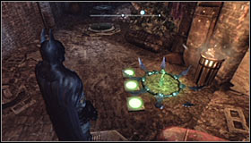 The key to solving this riddle is activating all three plates without touching the floor - Batman trophies (26-37) | Industrial District - Industrial District - Batman: Arkham City Game Guide