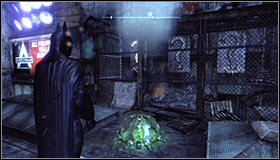 Zoom in on the middle question mark (by pressing the right analog stick) #1 and only afterwards press the RB button to detonate - Batman trophies (01-09) | Bowery - Bowery - Batman: Arkham City Game Guide