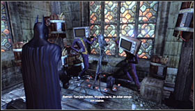 As the stairs to the bell tower have been damaged, keep using the Grapnel Gun to grab onto the upper ledges #1 - Locate the source of the sniper shot | Main story - Main story - Batman: Arkham City Game Guide