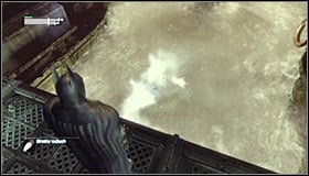 Keep moving between the grapple points to reach the new ledge #1 and climb onto it - Infiltrate the Steel Mill (part 2) | Main story - Main story - Batman: Arkham City Game Guide