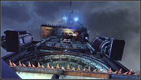 Stop after reaching the place where below you can see a little platform (north wall of the tower) #1 with an extension arm attached to it - Climb the observation deck to stop Protocol 10 | Main story - Main story - Batman: Arkham City Game Guide
