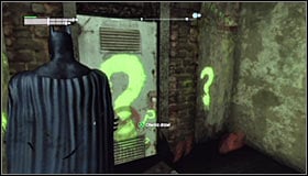 Just like with the previous riddles, you need to approach the question mark #1 and press A to destruct the fragile wall fragment - Enigma Conundrum (riddles 10-15) | Side missions - Side missions - Batman: Arkham City Game Guide