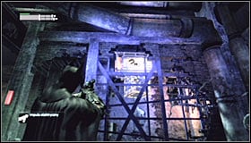 Now aim at the upper magnet #1 and send a charge to move the platform towards it #2 - Enigma Conundrum (riddles 10-15) | Side missions - Side missions - Batman: Arkham City Game Guide