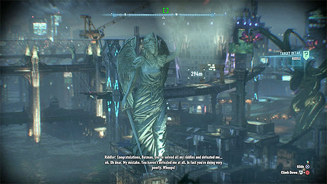 Position yourself in large distance so that you will see the whole statue - Riddles on Bleake Island | Collectibles - Bleake Island | Batman Arkham Knight - Collectibles - Bleake Island - Batman: Arkham Knight Game Guide & Walkthrough