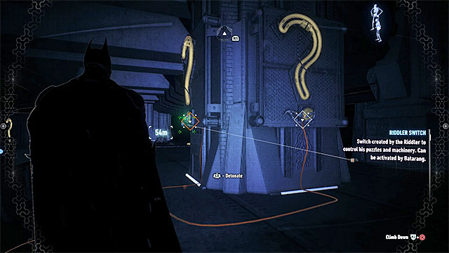 Now, focus on examining the upper ledge - you must find the two question marks shown on the picture above and spray the explosive gel on them - Riddler trophies on Miagani Island (20-38) | Collectibles - Miagani Island - Collectibles - Miagani Island - Batman: Arkham Knight Game Guide & Walkthrough