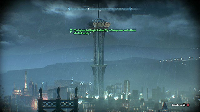 Climb on the roof and zoom the screen so that the Wonder Tower from Arkham City will fit the frame - Riddles on Miagani Island | Collectibles - Miagani Island | Batman Arkham Knight - Collectibles - Miagani Island - Batman: Arkham Knight Game Guide & Walkthrough