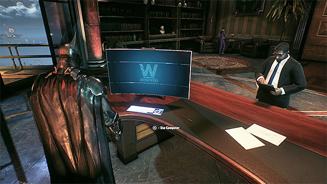 Use the computer in Bruce Waynes office. - Analyze the Arkham Knights encryption protocols | Main story - Main story - Batman: Arkham Knight Game Guide & Walkthrough
