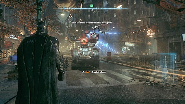 Scan separate parts of the tank while staying out of its range of fire - Scan the Cobra tank to discover its weakness | Main story | Batman Arkham Knight - Main story - Batman: Arkham Knight Game Guide & Walkthrough