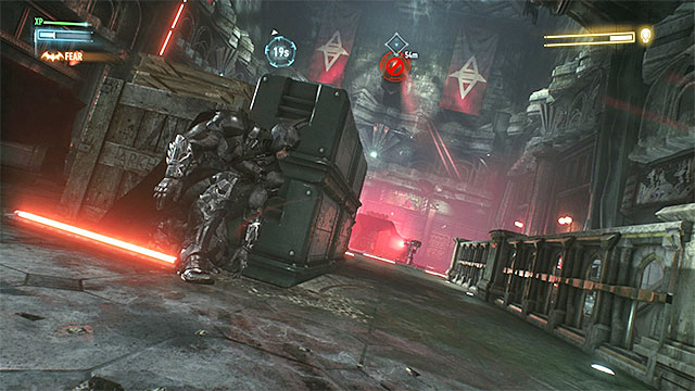 Hide behind the chests near the stairs - Arkham Knight - fourth encounter (direct confrontation) | Boss fights - Boss fights - Batman: Arkham Knight Game Guide & Walkthrough