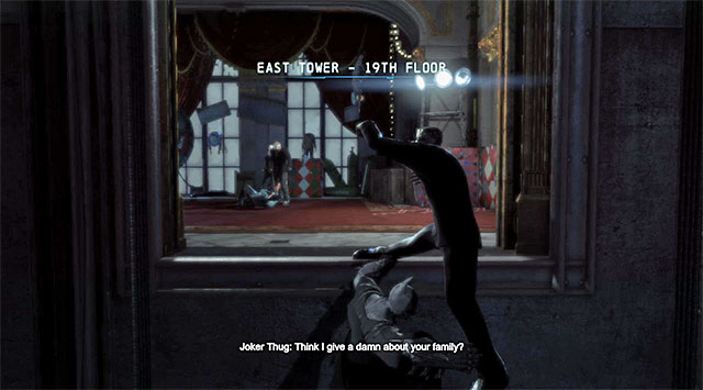 Grab the bandit next to the elevator shaft - Gain access to the penthouse - East tower | Main storyline - Main storyline - Batman: Arkham Origins Game Guide