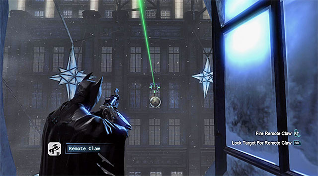 The spot where you need to use the grapple - Gain access to the penthouse - East tower | Main storyline - Main storyline - Batman: Arkham Origins Game Guide