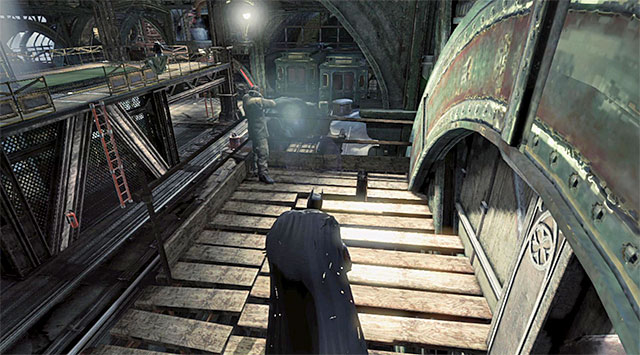 The balcony occupied by a sniper - Disarm the bomb at the north pillar | Main storyline - Main storyline - Batman: Arkham Origins Game Guide