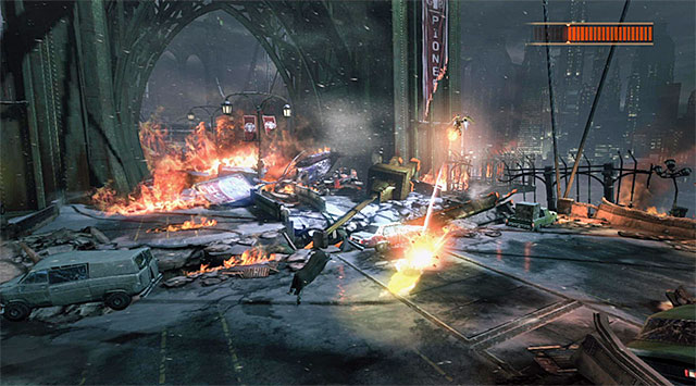 It is a bit more difficult to avoid the bombs - Defeat Firefly | Main storyline - Main storyline - Batman: Arkham Origins Game Guide