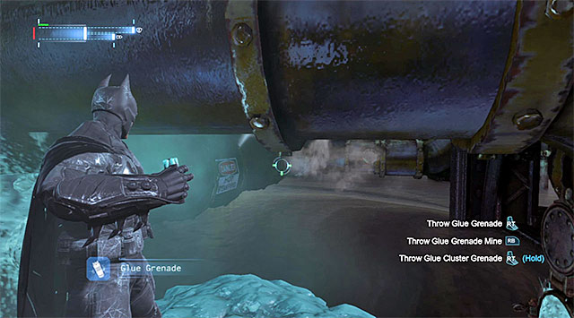 Look down and use glue grenades on the two pipes that you can see in the distance - Gain access to Blackgate Prison via the sewers | Main storyline - Main storyline - Batman: Arkham Origins Game Guide