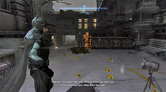 The location where the investigation starts is the crime scene shown in the screenshot, which is located in the Northern part of The Amusement Mile district, close to the Gotham Casino entrance - Case 1224-8: Amusement Mile Mauling | Casefile Reports - Casefile Reports - Batman: Arkham Origins Game Guide