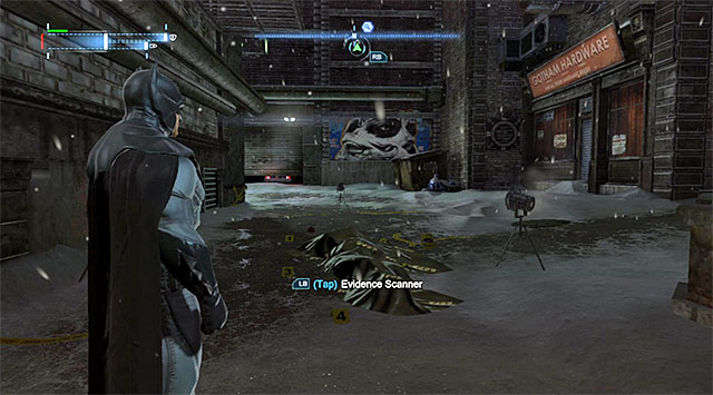 The location that this investigation starts in, is the crime scene, shown in the screenshot, in a small alley in the South-Eastern part of the Park Row district - Case 1224-9: Crime Alley Shootings | Casefile Reports - Casefile Reports - Batman: Arkham Origins Game Guide