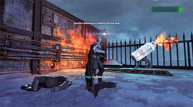 You need to hit, with batarang, the tank that the boss is holding for the last time - Defeat Killer Croc | Main storyline - Main storyline - Batman: Arkham Origins Game Guide