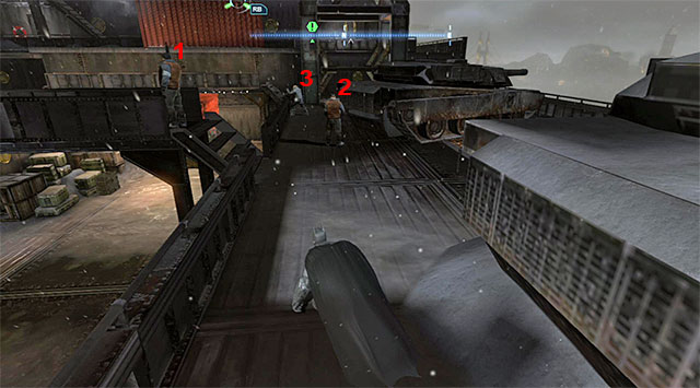 On the opposite side, there are three guards and, since two of them stay put in one spot, eliminating them will be a bit easier - Gain access to the Final Offer | Main storyline - Main storyline - Batman: Arkham Origins Game Guide