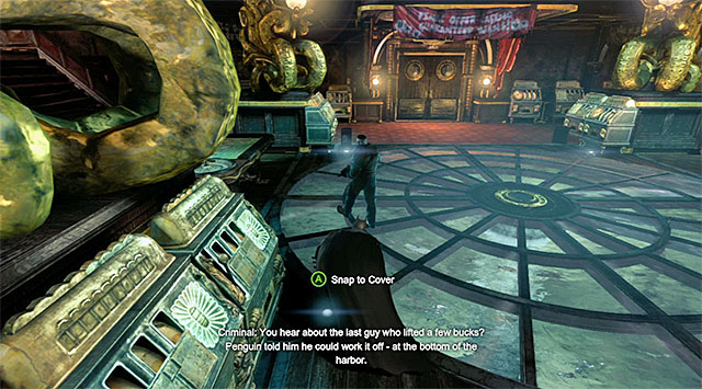 get the armed bandit from behind - Gain access to Penguins office - Upper Deck | Main storyline - Main storyline - Batman: Arkham Origins Game Guide