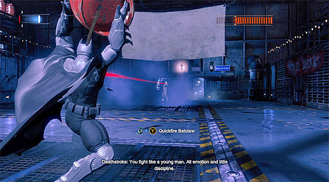 Another new element to this phase of the fight is the possibility of a situation in which Deathstroke uses his remote claw to attach Batman to an explosive tank - Defeat Deathstroke | Main storyline - Main storyline - Batman: Arkham Origins Game Guide
