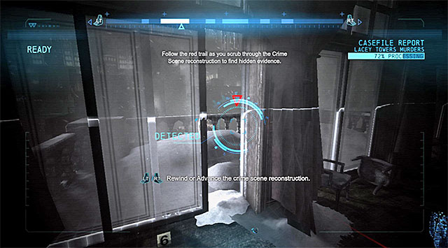 Take a look around the site for possible DNA on the floor, connected this time with the destroyed table - Solve the crime scene inside Lacey Towers | Main storyline - Main storyline - Batman: Arkham Origins Game Guide
