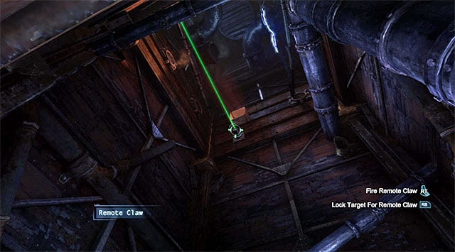 Look up and use the hook to make it over to one of the ledges above - Acquire the disruptor at the evidence locker | Main storyline - Main storyline - Batman: Arkham Origins Game Guide