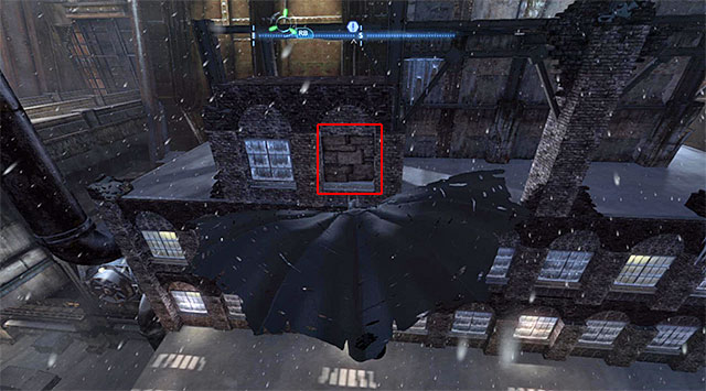 Start to the North of the collectible, jump off one of the rooftops and glide towards the weakened wall fragment shown in the screenshot - The best hidden datapacks - Extortion File 14 (Coventry) | Enigma Datapacks - Enigma Datapacks - Batman: Arkham Origins Game Guide