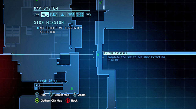 The collectible is in the Deck Access Corridor between the Boiler Deck and the Upper Deck - The best hidden datapacks - Extortion File 6 (Amusement Mile) | Enigma Datapacks - Enigma Datapacks - Batman: Arkham Origins Game Guide