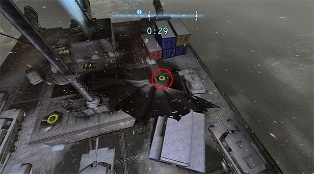 After Batman starts gliding, perform a turn in mid-air and target the second pressure plate shown in the screenshot, which is located in the North-Eastern part of the ship - The best hidden datapacks - Extortion File 7 (Amusement Mile) | Enigma Datapacks - Enigma Datapacks - Batman: Arkham Origins Game Guide