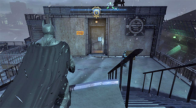The GCPD main entrance is locked so, you need to take the door shown in the screenshot, located on the rooftop - The Burnley District - entrances to the police station and the sewers | Enigma Datapacks - Enigma Datapacks - Batman: Arkham Origins Game Guide
