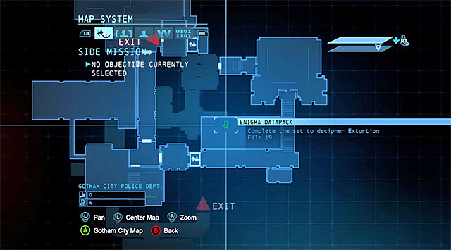 The collectible is in that you are looking for is in the GCPD - Morgue and the way to access it has been described in the Scan the corpse in the GCPD morgue main mission description - The best hidden datapacks - Extortion File 19 (Burnley) | Enigma Datapacks - Enigma Datapacks - Batman: Arkham Origins Game Guide