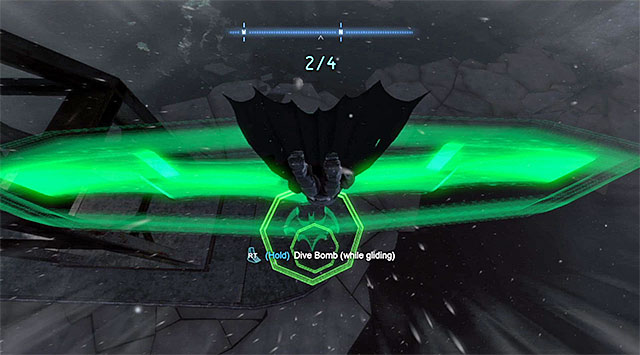 Glide towards the first ring and, at the moment at which you are directly above the second one, start diving (the screenshot) - Dark Knight System | Challenges - Challenges - Batman: Arkham Origins Game Guide