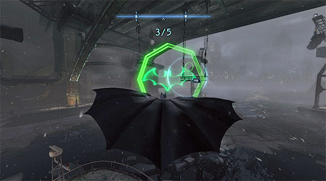 Glide through the first ring, start diving and, right after you get through the third one, start ascending, because this is the only way to glide through the fourth ring - Dark Knight System | Challenges - Challenges - Batman: Arkham Origins Game Guide