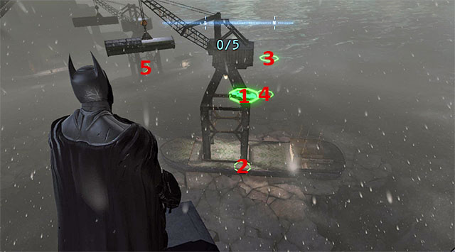 Glide towards ring 1 (the above screenshot) and start diving to reach ring 2 - Dark Knight System | Challenges - Challenges - Batman: Arkham Origins Game Guide