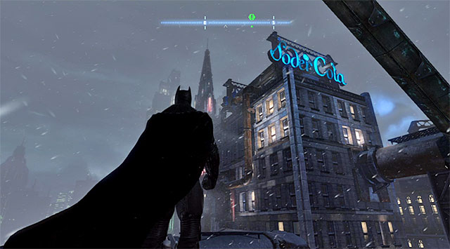 Notes: The Soder Cola building is in the North-Western part of the Diamond District (the screenshot) and you only need to reach the upper balcony - Dark Knight System | Challenges - Challenges - Batman: Arkham Origins Game Guide